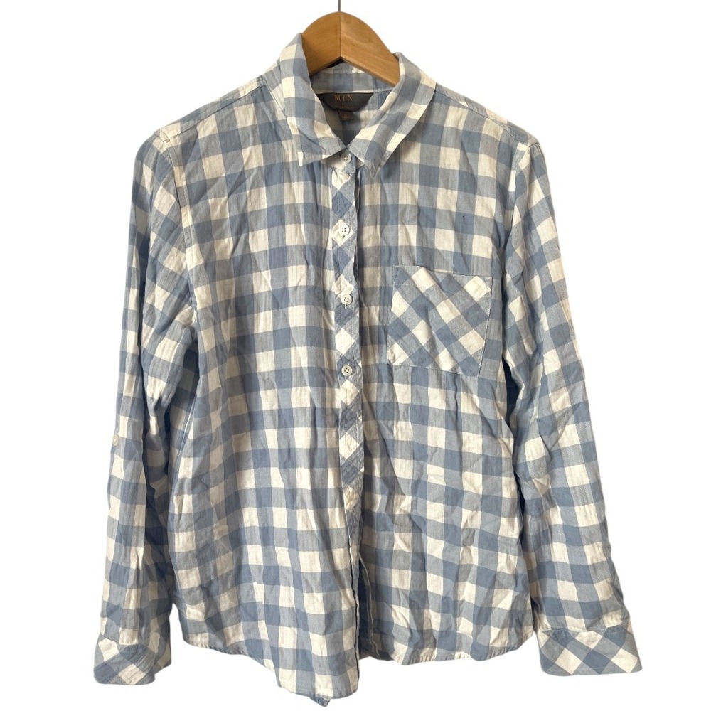 Mix by 41Hawthorn Blue White Buffalo Plaid Cotton Viscose Button Down Shirt L